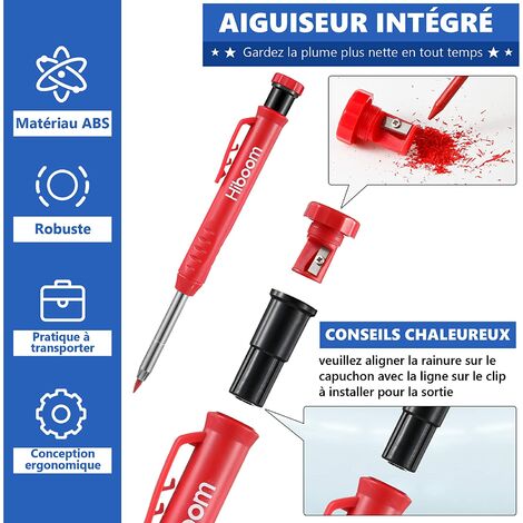 yoouyida Kit de Crayons de Charpentier Mécanique avec Poinçon Central, Crayons à Bois Massif à Trous Profonds Pointe à Tracer en Carbure avec Taille-Crayon Intégré, 40 Recharges Gris Rouge