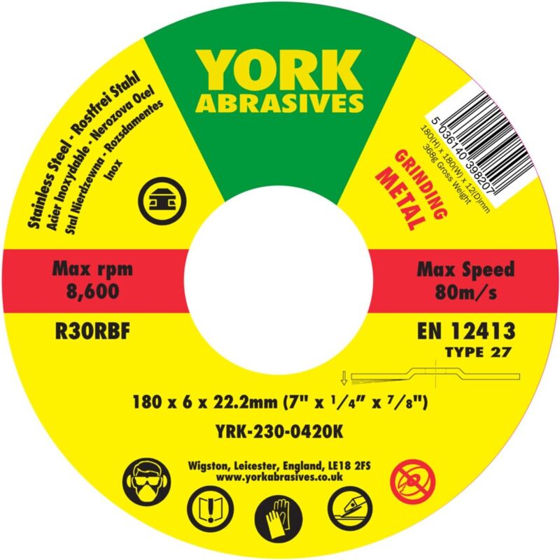 180X6X22.23 R30RBF DPC Inox Grinding Disc, Type 27 - York