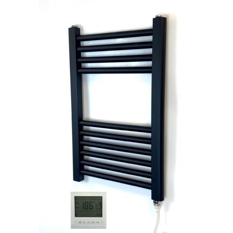 York 400 x 600mm Black Electric Flat Towel Rail Bathroom Radiator + 7 Day Timer/Thermostat