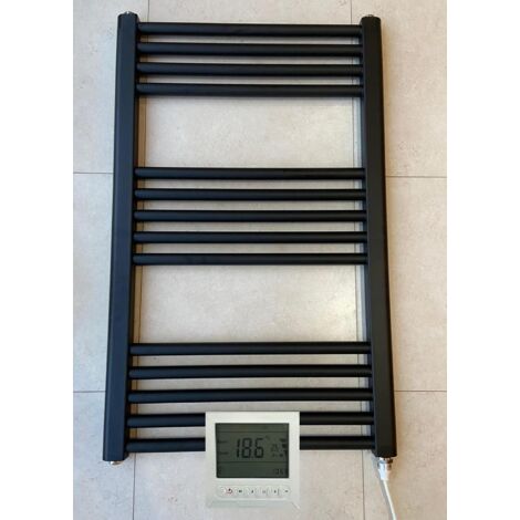 York 400 x 800mm Black Electric Flat Towel Rail Bathroom Radiator + 7 Day Timer/Thermostat