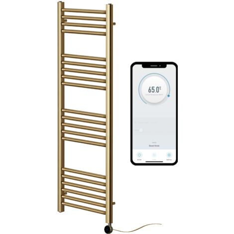 York Brushed Brass WiFi Controlled Electric Heated Straight Towel Rail 300mm W x 1200mm H