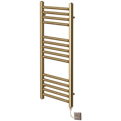 York Flat Brushed Brass Electric Towel Rail 300mm Wide x 800mm High