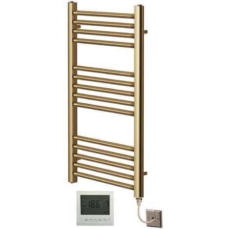 York Flat Brushed Brass Electric Towel Rail 400mm Wide x 800mm High + 7 Day Timer/Thermostat