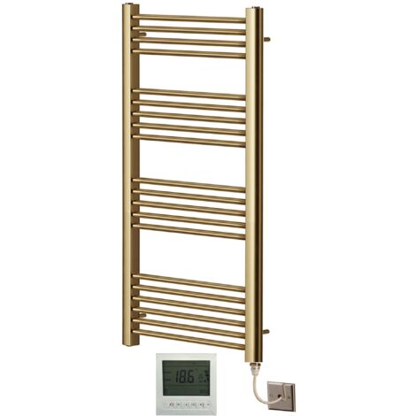 York Flat Brushed Brass Electric Towel Rail 500mm Wide x 1200mm High + 7 Day Timer/Thermostat