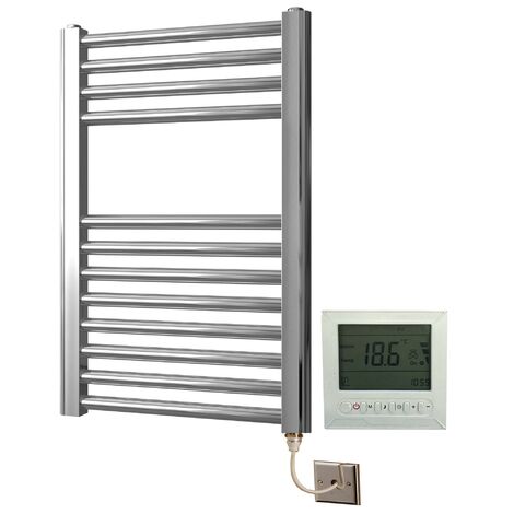 York Flat Chrome Electric Towel Rail 400 x 600mm Towel Radiator + TIMER / ROOM THERMOSTAT