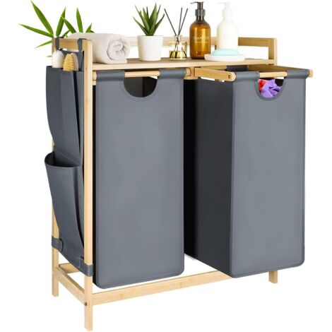 YORKING 2 Fächer aus Bambus, Wäschesammler 100 L (2 x 50 L)  Wäschesortierer mit Ablage, abnehmbarer Wäschesack & seitliche Taschen, Natur-Optik, 94 x 33 x 78 cm (Dunkelgrau Klein)