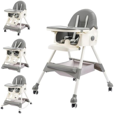 YORKING Baby 6-in-1 Hochstuhl  Verstellbar & Faltbar, abnehmbares Doppel-Tablett, 4-fach Rückenlehne, 5-Punkt-Gurt, mitwachsend 6 Monate6 Jahre, Grau