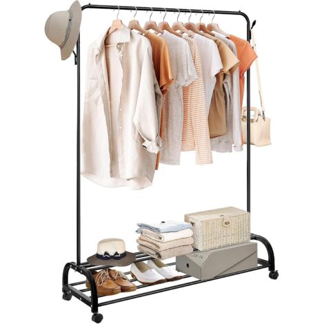 YORKING Clothes Rail, Heavy Duty Clothes Rail for Bedroom, Garment Hanging Rail with Wheels, 2-Tier Bottom Shelf Freestanding Black Clothes Shoe Storage Rack (Black)