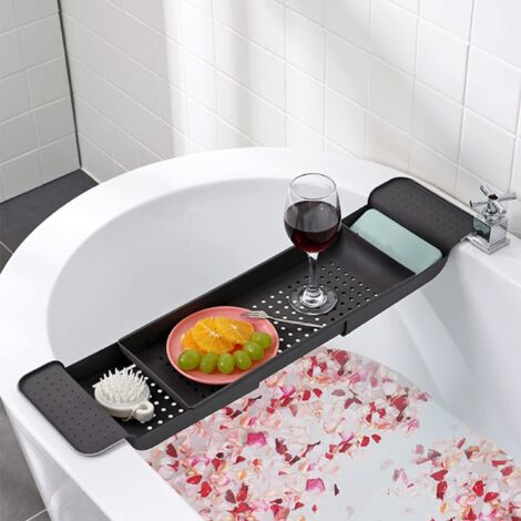 YORKING Einziehbares Badezimmertablett Badewannenablage Rechteckiges Badewannengestell Badezimmer Aufbewahrungsbox aus Kunststoff zum Baden (Schwarz)