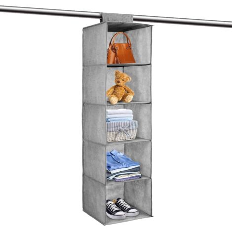 YORKING Hanging Wardrobe Storage Organiser 5 Tier Hanging Shelves 27cm x 27cm x 100cm Cupboard Wardrobe Closet Storage Shelves Drawer Shelves Bedroom Storage Solutions for Shoes Clothes (Gray)