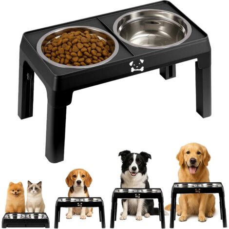 YORKING Höhenverstellbarer Hundenapf, 2 Edelstahlschalen à 1200 ml, rutschfeste Erhöhte Hundenapf-Station für Kleine, Mittelgroße und Große Hunde, 4 Höhen Verstellbar (Schwarz)