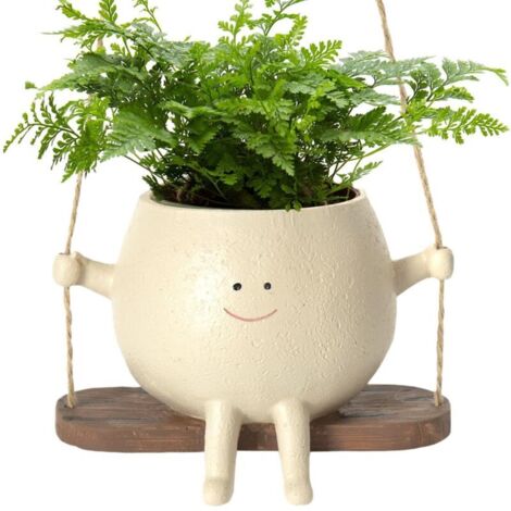Youany Pot De Fleurs Balançoire, Jardinière À Suspendre Intérieur Extérieur, Pot De Fleurs en Résine avec Visage Sourire Et Balançoire, Pot De Plant-ES Assis en Résine pour Plant-ES Succulentes