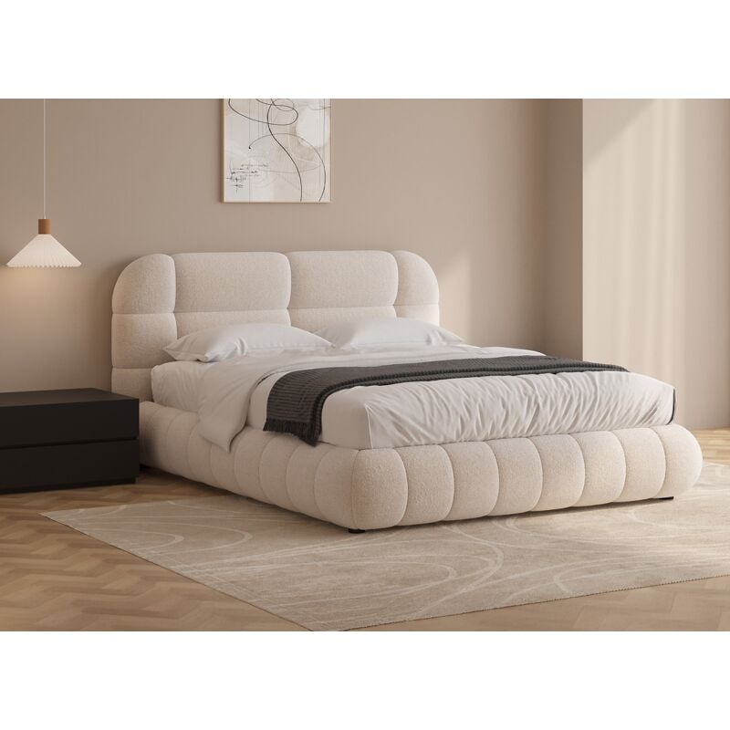 YOURI - Lit double en tissu bouclette écru 140x190 cm YOURI