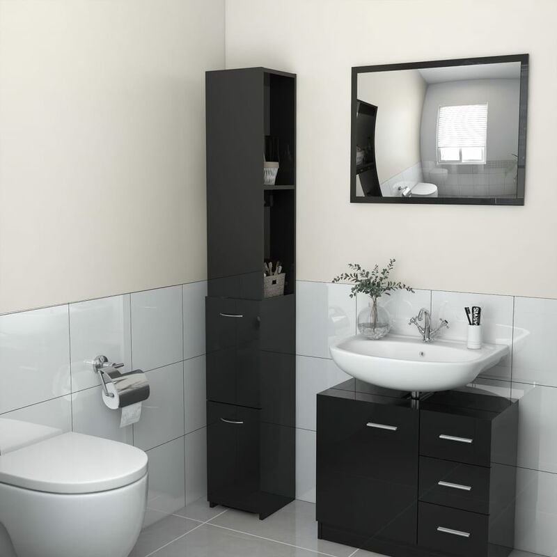 

YOUTHUP Armario de cuarto de baño aglomerado negro brillo 25x25x170 cm - Negro