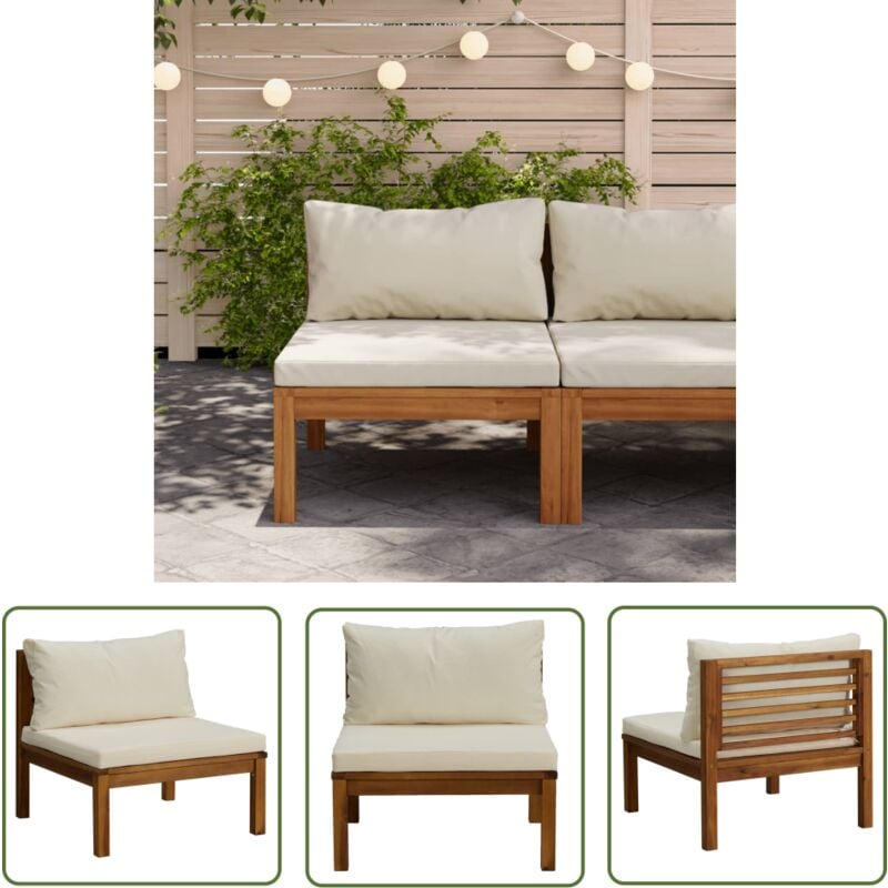 The Living Store Canapé de milieu sectionnel avec coussin blanc crème Acacia - Canapé De Jardin - Canapé Sectionnel - Mobilier De Jardin - Meubles De