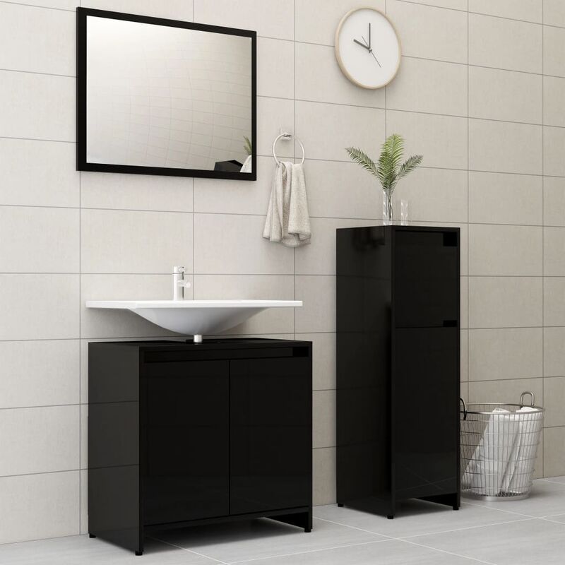 

Conjunto de muebles de baño 3 piezas aglomerado negro brillante - Negro - Youthup