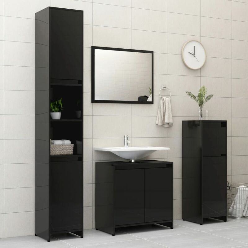 

Conjunto de muebles de baño 4 piezas aglomerado negro brillante - Negro - Youthup