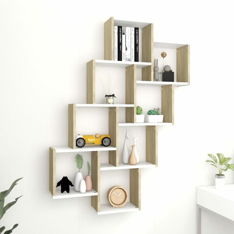 

Estante cubo de pared aglomerado blanco y Sonoma 90x15x119 cm - Beige - Youthup