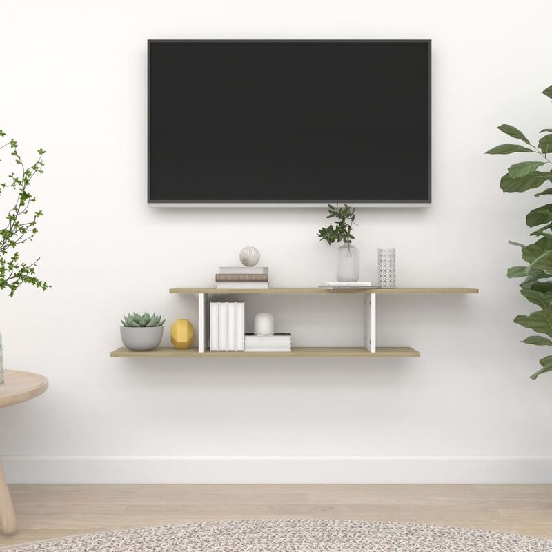 

Estante de pared de TV aglomerado blanco y Sonoma 125x18x23 cm - Beige - Youthup