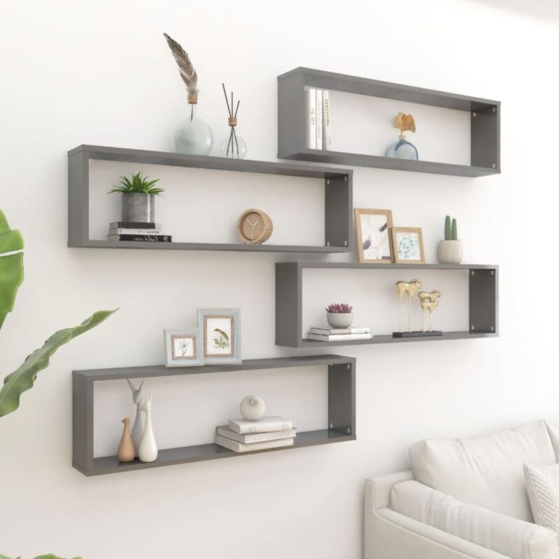 

Estantes cubo pared 4 uds aglomerado gris brillo 100x15x30 cm - Gris - Youthup