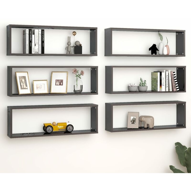 

Estantes cubos pared 6 uds aglomerado gris brillo 80x15x26,5 cm - Gris - Youthup