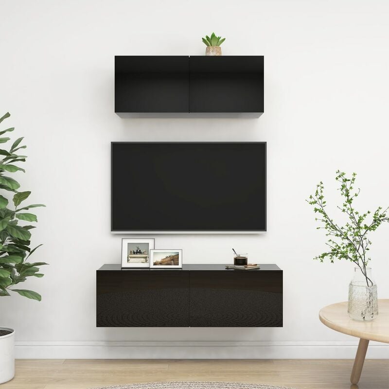 

Juego de mueble para TV de 2 piezas aglomerado negro brillante - Negro - Youthup