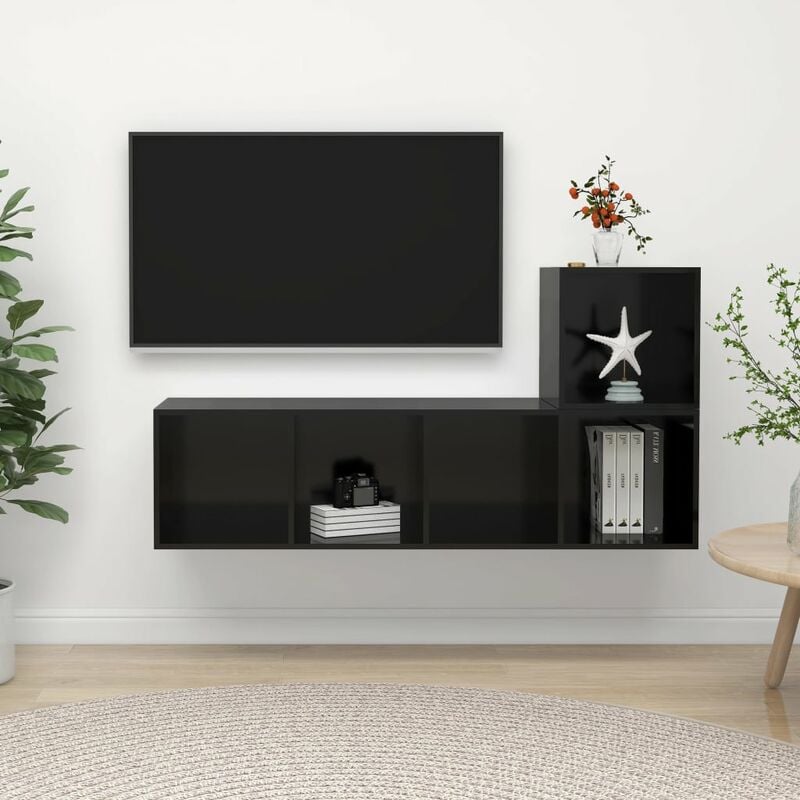 

Juego de mueble para TV de 2 piezas aglomerado negro brillante - Negro - Youthup
