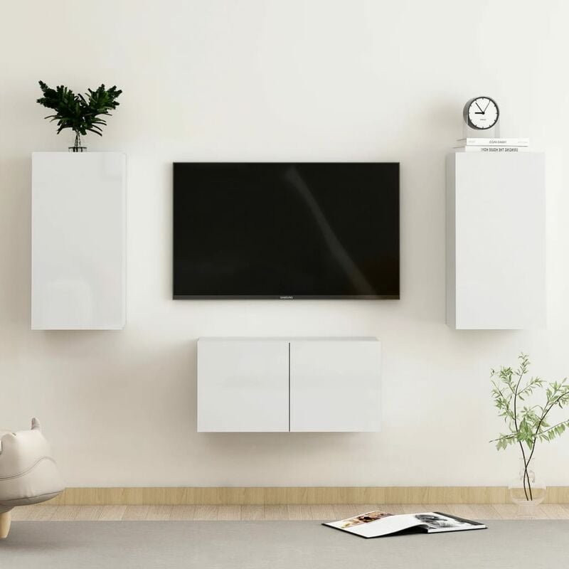 

Juego de mueble para TV de 3 piezas aglomerado blanco brillante - Blanco - Youthup