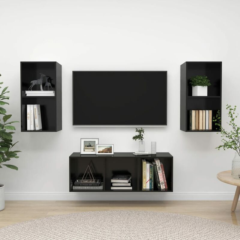 

Juego de mueble para TV de 3 piezas aglomerado negro brillante - Negro - Youthup