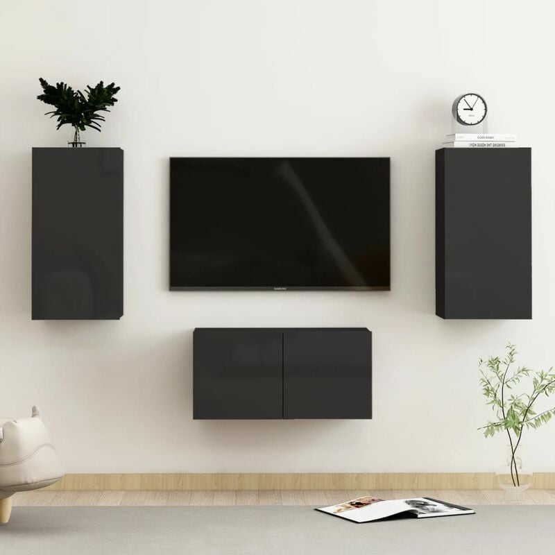 

Juego de mueble para TV de 3 piezas aglomerado negro brillante - Negro - Youthup