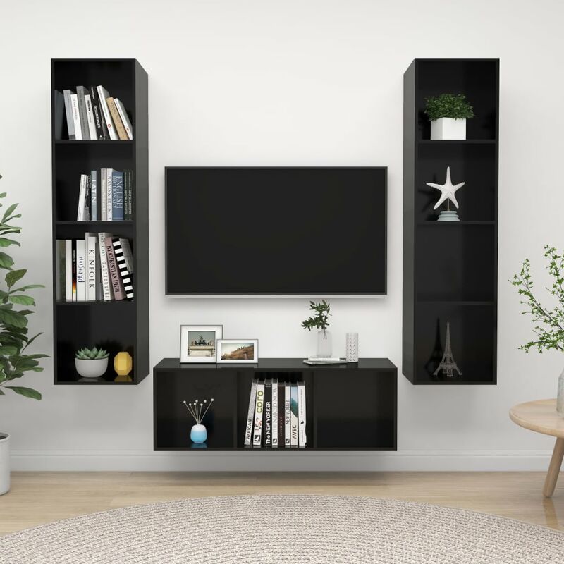 

Juego de mueble para TV de 3 piezas aglomerado negro brillante - Negro - Youthup