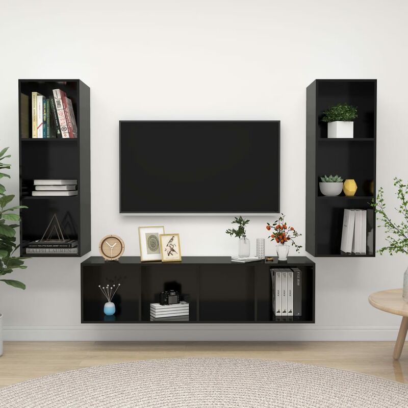 

Juego de mueble para TV de 3 piezas aglomerado negro brillante - Negro - Youthup