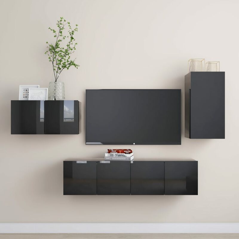 

YOUTHUP Juego de mueble para TV de 4 piezas aglomerado negro brillante - Negro