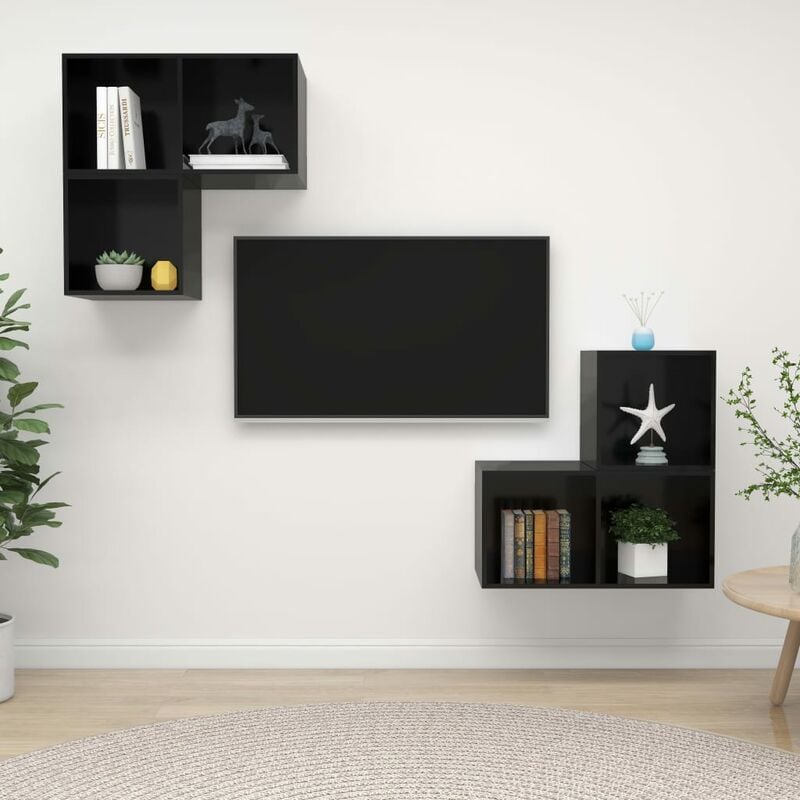 

Juego de mueble para TV de 4 piezas aglomerado negro brillante - Negro - Youthup