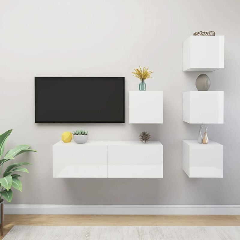 

Juego de mueble para TV de 5 piezas aglomerado blanco brillante - Blanco - Youthup