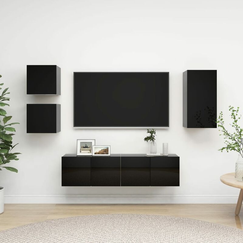 

Juego de mueble para TV de 5 piezas aglomerado negro brillante - Negro - Youthup