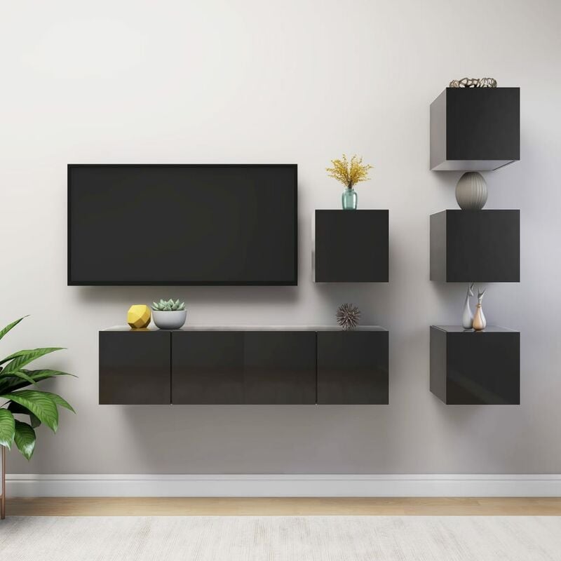 

Juego de mueble para TV de 6 piezas aglomerado negro brillante - Negro - Youthup