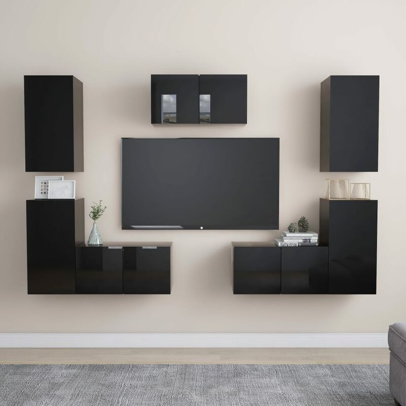 

Juego de mueble para TV de 7 piezas aglomerado negro brillante - Negro - Youthup