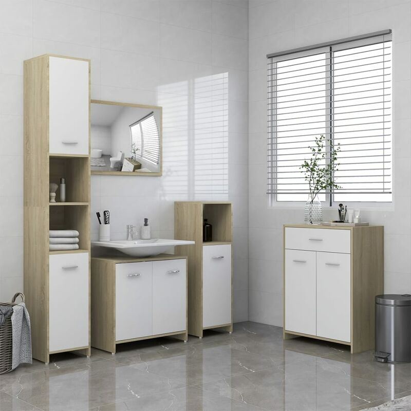 

Juego de muebles de baño de 4 piezas blanco y roble sonoma - Beige - Youthup