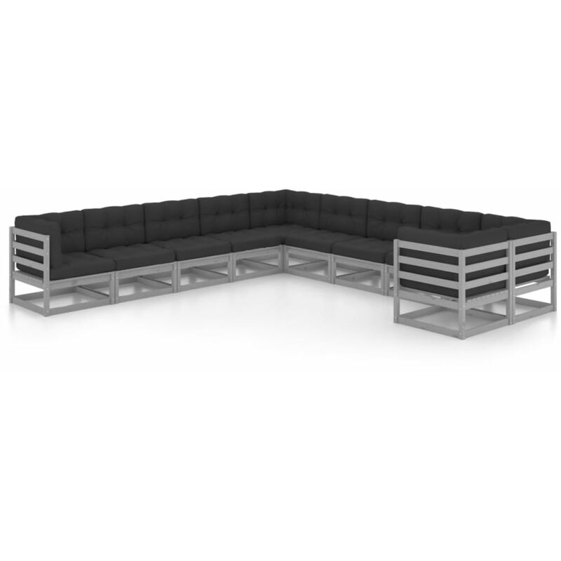 

Juego de muebles de jardín 10 pzas y cojines madera maciza pino - Gris - Youthup