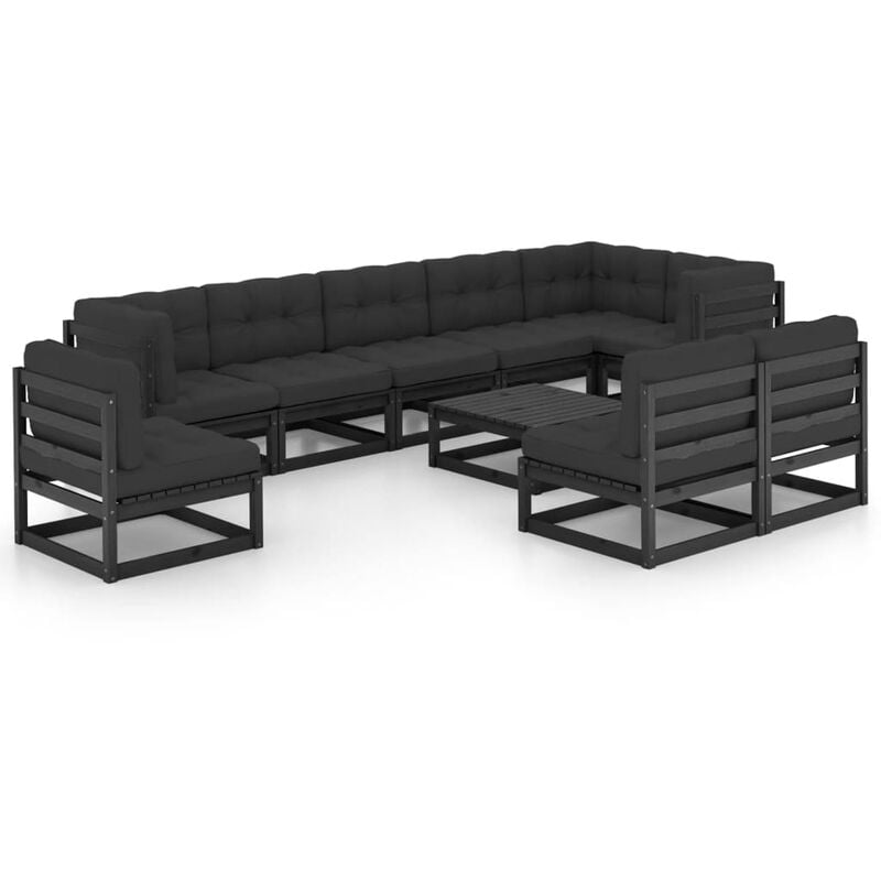 

Juego de muebles de jardín 10 pzas y cojines madera maciza pino - Negro - Youthup