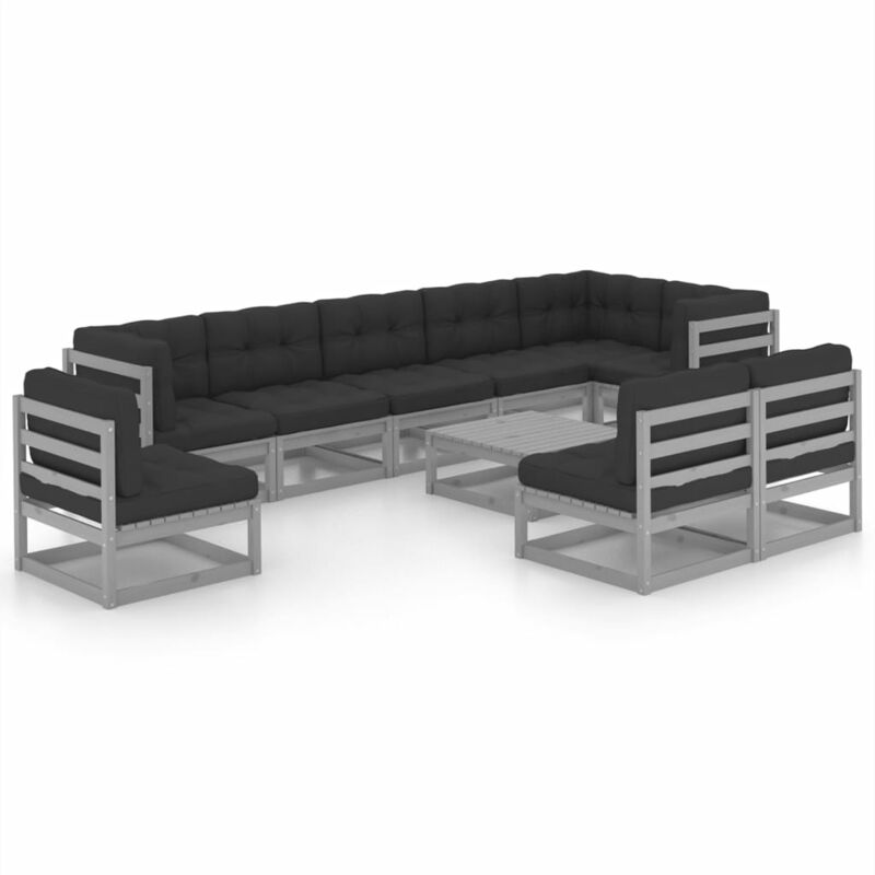 

Juego de muebles de jardín 10 pzas y cojines madera pino maciza - Gris - Youthup