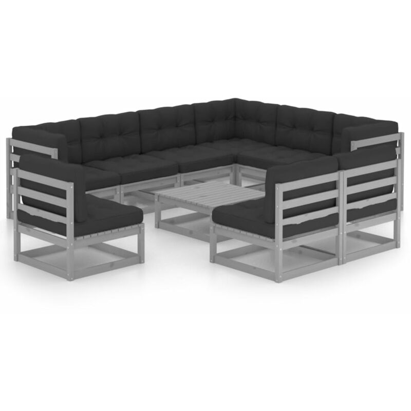 

Juego de muebles de jardín 10 pzas y cojines madera pino maciza - Gris - Youthup