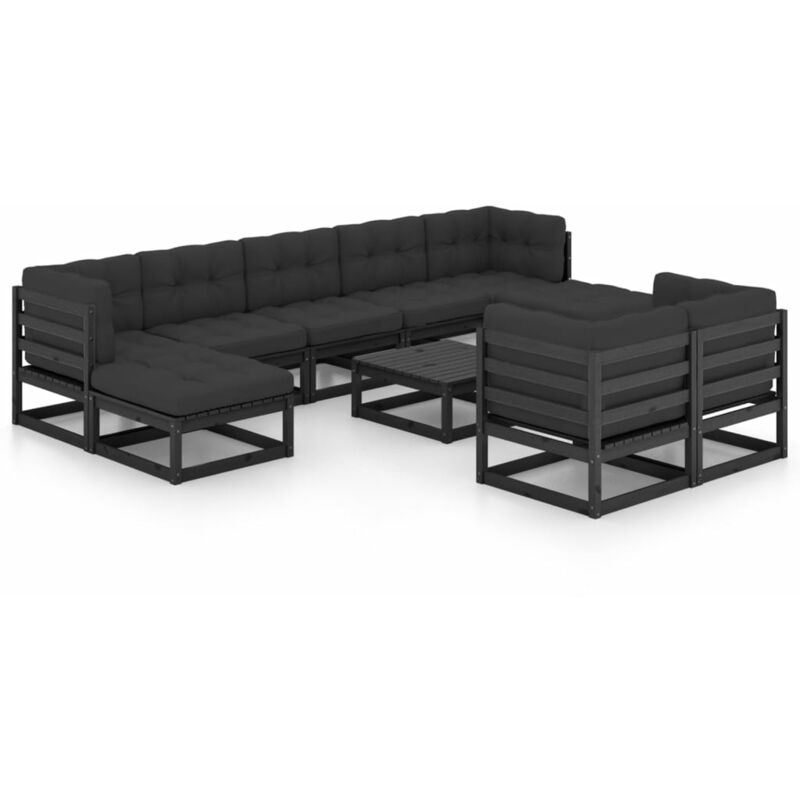 

Juego de muebles de jardín 10 pzas y cojines negro madera pino - Negro - Youthup