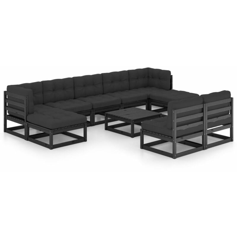 

Juego de muebles de jardín 10 pzas y cojines negro madera pino - Negro - Youthup