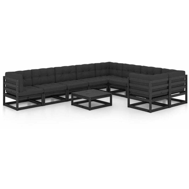 

YOUTHUP Juego de muebles de jardín 10 pzas y cojines negro madera pino - Negro