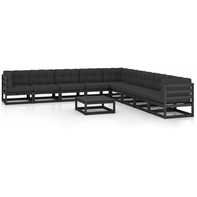 

YOUTHUP Juego de muebles de jardín 10 pzas y cojines negro madera pino - Negro