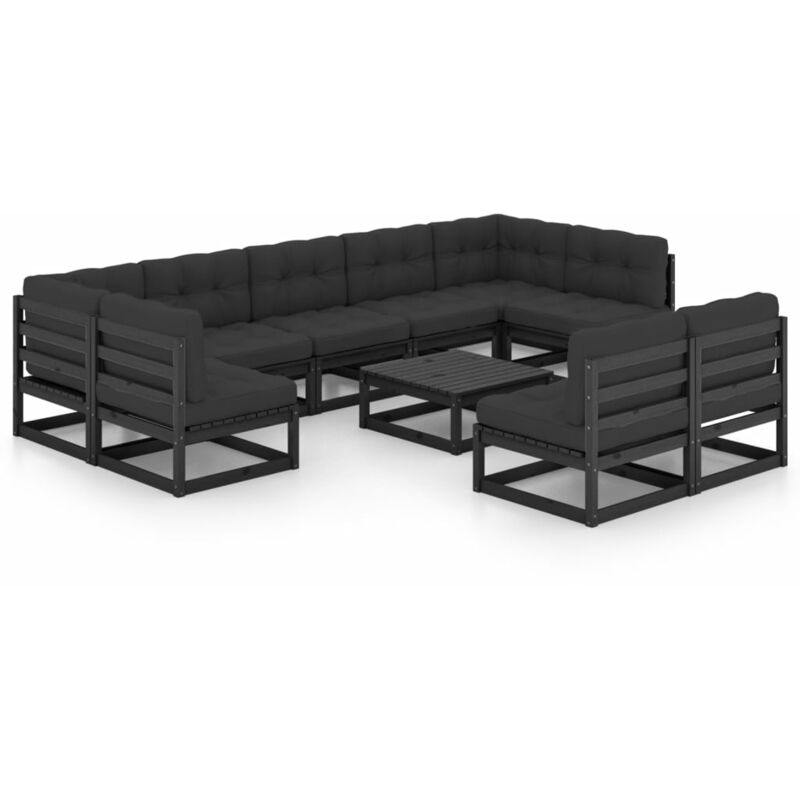 

YOUTHUP Juego de muebles de jardín 10 pzas y cojines negro madera pino - Negro