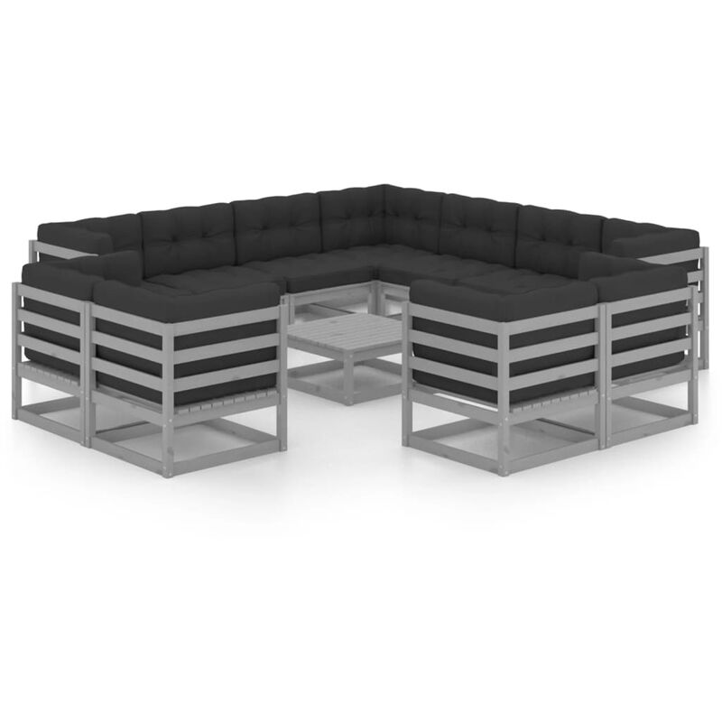 

Juego de muebles de jardín 12 pzas y cojines madera pino maciza - Gris - Youthup