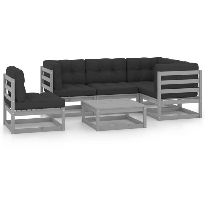 

Juego de muebles de jardín 6 pzas y cojines madera pino maciza - Gris - Youthup